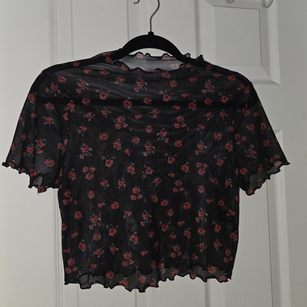 SHEIN Black Mesh Crop Top with Red Floral Design